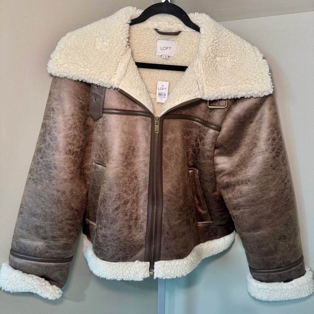 LOFT Womens Faux Leather Sherpa Lined Aviator Jacket Brown XL New